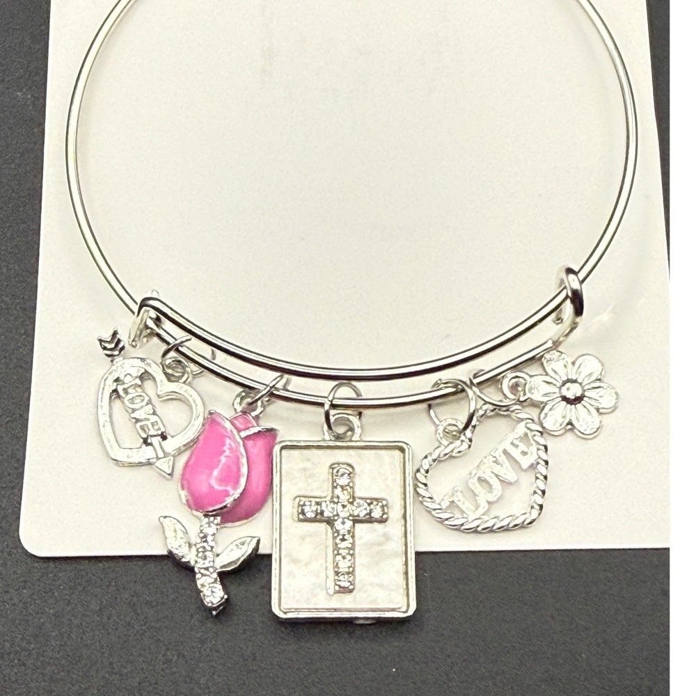 Silver Tone Charm‎ Bangle Bracelet Cross Rose Heart Flower Love Jewelry - Picture 2 of 2